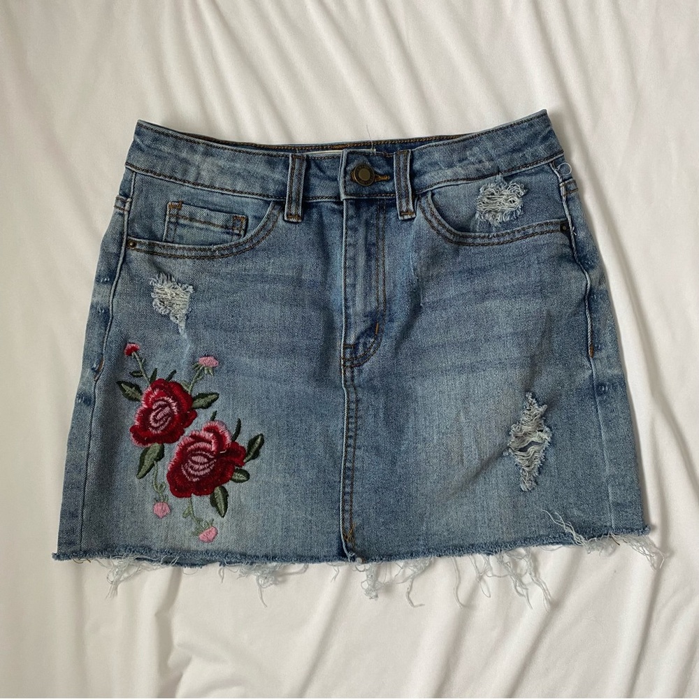 Angel Kiss Flower Embroidery distressed Frayed Hem denim Jean Mini Skirt